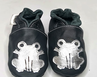 Black baby shoes Soft sole leather, Infant shoes with Frog, Girls and Boys baby shoes, chaussons bébé, ebooba, Halloween, Krabbelschuhe, 3