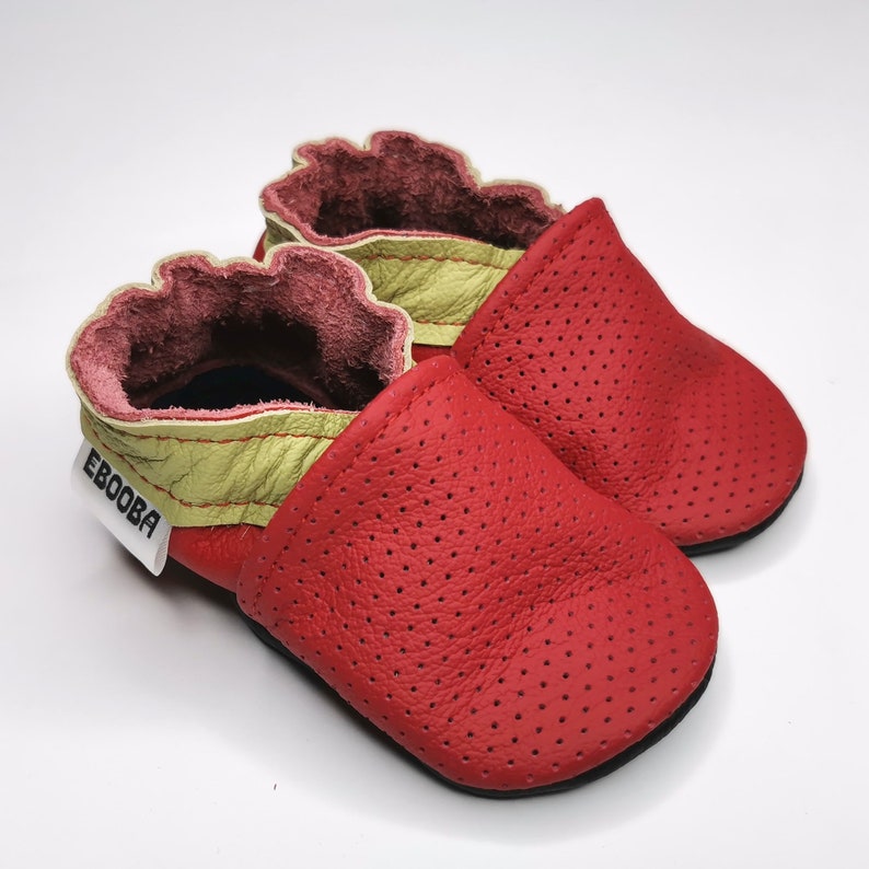 Baby Shoes, Ebooba, Beige Moccasins, Leather Baby Shoes, Perforated Leather Slippers, Crib Shoes, Boys' Shoes, Girls' Shoes, Beige Booties,2 Red