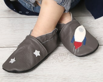 Rocket&Stars Boys' Shoes, Baby Boy Shoes, Dark Gray Toddler Moccasins, Grey Kids Slippers, Ebooba, Leather Children Shoes, Soft Sole Shoes,9