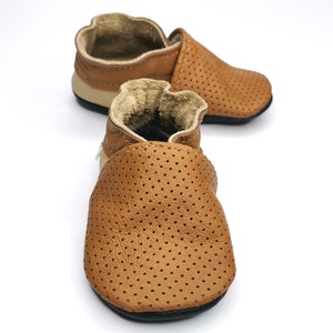 Baby Shoes, Ebooba, Beige Moccasins, Leather Baby Shoes, Perforated Leather Slippers, Crib Shoes, Boys' Shoes, Girls' Shoes, Beige Booties,2 Brown