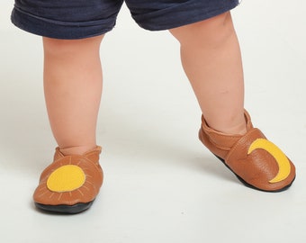 First Brown Shoes, Sun/Moon Baby Shoes, Leather Baby Slippers, Rainbow Booties, Lederpuschen, Chaussurese Garcon, Brown Baby Shoes, Ebooba,3