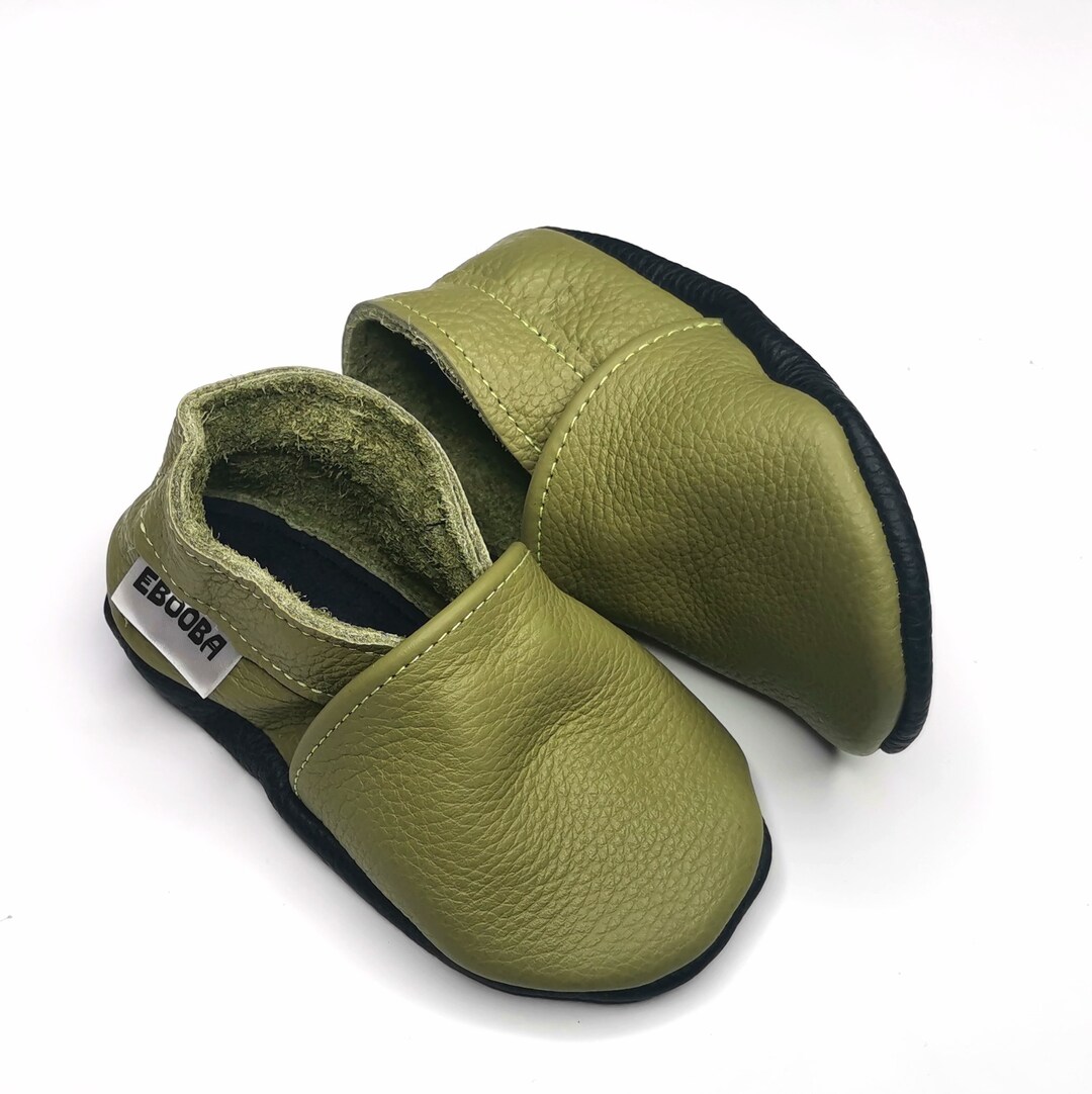 Olive Green Baby Shoes, Leather Baby Shoes, Toddler Khaki Slippers