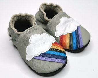 Gray Soft Sole Baby Shoes Leather Toddler Shoes, Girls', Infant Shoes, Boys', Kibs Shoes, Toddler Moccasins, Baby Booties Rainbow, 5