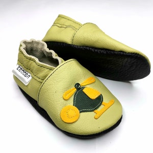 Buty helikopterowe, skórzane buty dziecięce, Ebooba, buty chłopięce, miękkie buty dla maluchów, zielone buty dziecięce, kapcie samochodowe, buty z transportem, 3