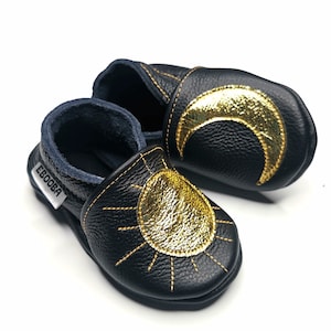 Black/Gold Baby Shoes, Sun/Moon Moccasins, Leather Boys Shoes, Ebooba, Soft Sole Baby Shoes, Crib Shoes, Boys&#39; Shoes, Black Slippers, 9