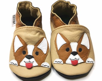 Dogs Baby Slippers, Beige Baby Shoes, Corgi Moccasins, Puppy Leather Slippers, Soft Sole Shoes, Baby Boys' Slippers, Booties with Animals