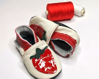 Red Strawberry Baby Shoes, Leather Baby Shoes, White Baby Shoes, Baby Girl Shoe, Toddler Booties, Pram Shoes, White Soft Sole Shoe, Ebooba,4