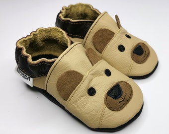 Bear Beige Leather Soft Sole Baby Shoes, Baby Shoes, Baby moccasins, Crib shoes, Toddler shoes, Unisex' baby shoes, chaussons cuir bébé, 10