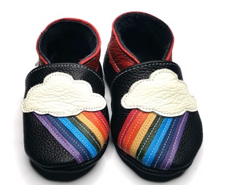 Rainbow on Black Baby Shoes, Leather Baby Moccasins, Black Baby Slippers, Moon Baby Shoes, Unisex Booties, Sun Shoes, Soft Shoes, Ebooba, 4
