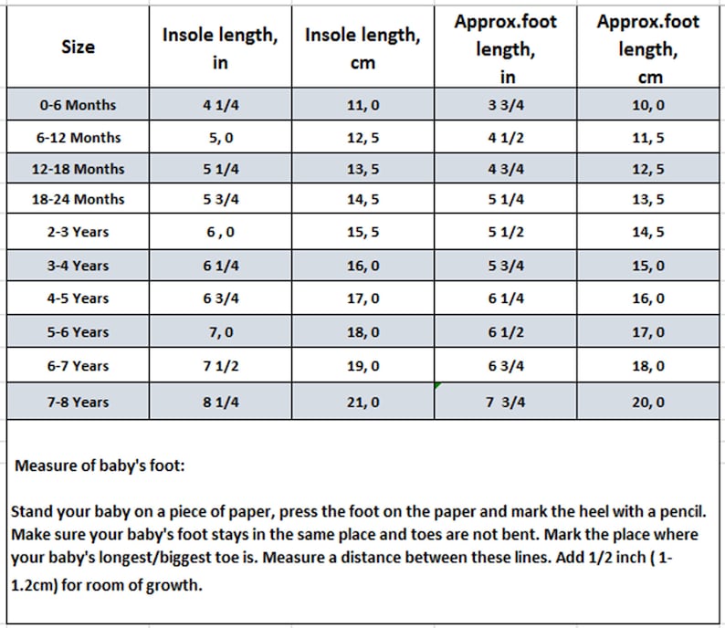 May include: A chart showing baby shoe sizes in inches and centimeters. The chart includes the size, insole length in inches, insole length in centimeters, approximate foot length in inches, and approximate foot length in centimeters. The chart is for babies from 0-6 months to 7-8 years old.