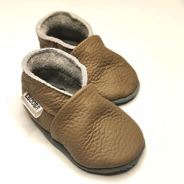 Brown Baby Shoes, Infant Slippers, Leather Baby Shoes, Lederpuschen, Chaussurese garcon, Ebooba, Light Brown Baby Shoes, Plain Baby Shoes, 2