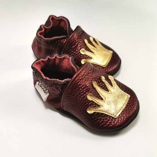 Leather Baby Shoes, Crown Baby Moccasins, Maroon Baby Shoes, Ebooba, Golden Tiara Slippers, Toddler Booties, Girls' Shoes, Krabbelschuhe, 3