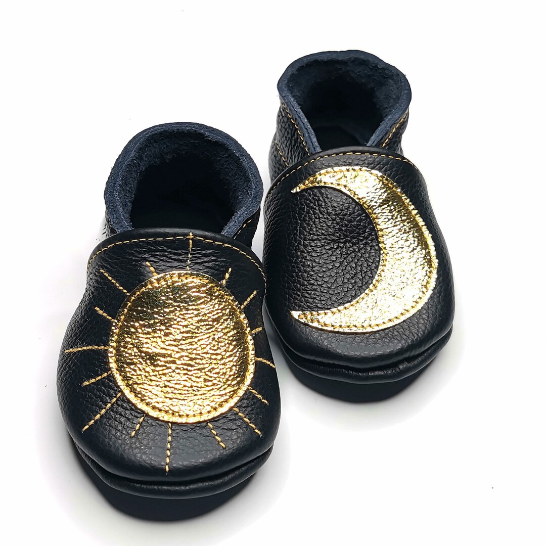 Sun&moon Slippers, Black Baby Booties, Leather Baby Shoes, Baby