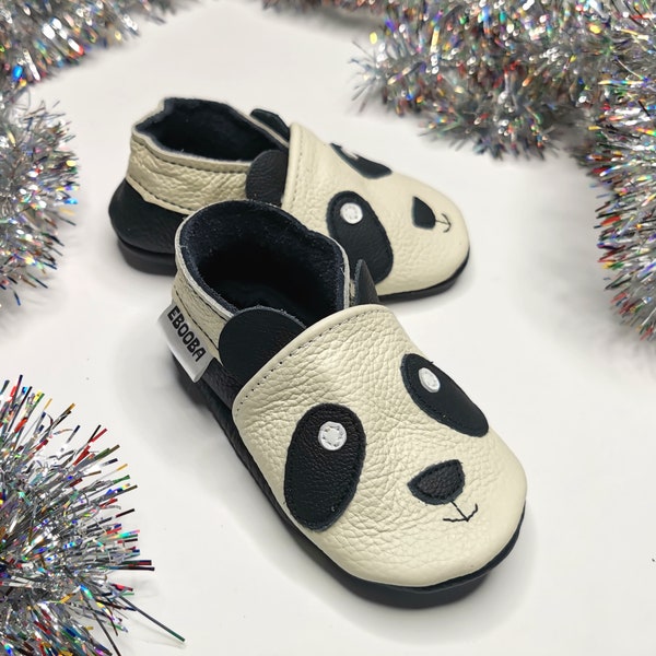 White Baby Booties, Panda Moccasins, White Baby Slippers, Baby Gift, Kids White Shoes, Unisex Baby Booties, Black / White Moccs, Ebooba, 4