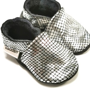 Silver Baby Shoes, Baby Booties, Leather Baby Shoes, Ebooba, Girls&#39; Shoes, Glossy Baby Shoes, Snakeskin Print Baby Shoes, Soft Sole Booties