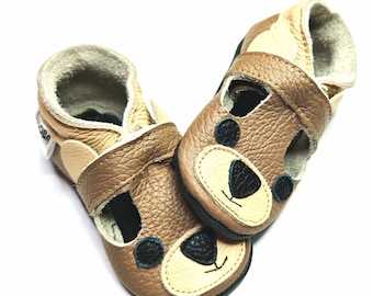 Teddy Bear Slippers, Beige Booties, Leather Baby Shoes, Soft Sole Boots, Moccasins Animals Face Booties, Crib Shoes