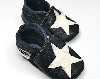 Stars Baby Shoes, Leather Baby Shoes, Black Baby Shoes, Soft Sole Booties, Infant Slippers, Toddlers Shoes, Ebooba, 7