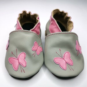 Kids Slippers, Leather Toddler Slippers, Baby Shoes, Baby Girl Shoes, Soft Sole, Children Shoes, First Shoes, Pink  Butterfly, Gray Shoes, 7