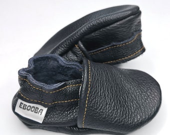 Baby Moccasins, Baby Slippers, Black baby shoes, Soft Sole, Lederpuschen, Chaussons cuir, Ebooba, 3