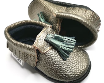 Krabbelschuhe bronze, Lederpuschen,  Lauflernschuhe Hausschuhe Pantoffel Große 16/17/18 Baby Mokassins, ebooba