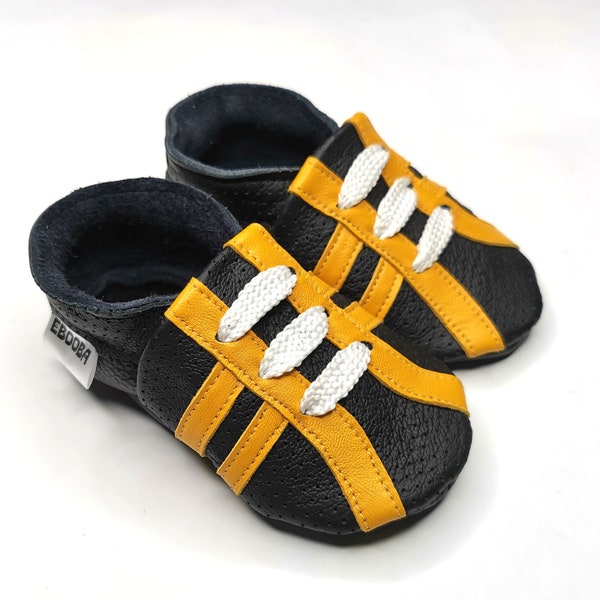 Black&Orange baby shoes, Baby Sneakers, Leather Baby Shoes, Soft Sole Booties, Lauflernschuhe, Toddler Soft Shoes, Ebooba, 4