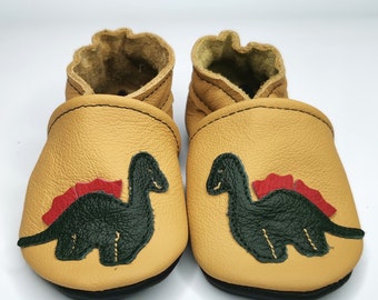 Dinosaur Baby Shoes, Leather Baby shoes, Kids' Shoes, Toddler Slippers, Baby Moccasins Boy, Tan Baby Slippers, Suede Sole Booties, Dino, 3