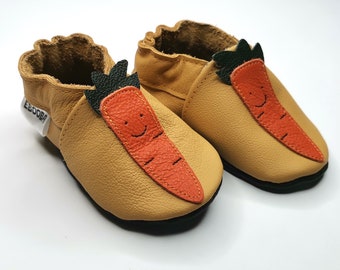 Yellow Baby Shoes with Carrots | Baby moccasins  100% Genuine Leather | Baby Leather Slippers | Halloween Baby Shoes | Size 12-18 Months