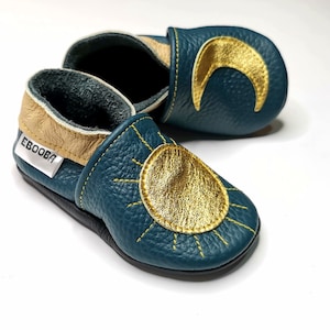 Gold Sun Baby Shoes, Dark Blue Baby Booties, Leather Baby Moccasins, Baby Soft Booties, Crib Shoes, Kids Shoes, Prewalkers Shoes, Ebooba, 2