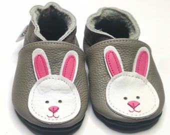 Gray Baby Shoes, Rabbit Slippers, Newborn Shoes, Leather Baby Shoes, Soft Sole Booties, Toddler Slippers, Bunny Booties, Rabbit, 1