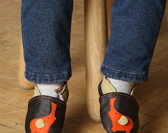 Animals Baby Shoes, Elephant Booties, Dark Brown Baby Shoes, Soft Sole Toddlers Shoes, Orange Elephant, Baby Shoes Gift, Ebooba,5