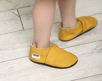 Yellow soft sole leather Baby shoes / Infant handmade perforated booties / Bebe chaussons Krabbelschuhe / Toddler Kids' Slippers / ebooba