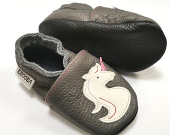 Unicorn Baby Shoes, Gray Girls' Shoes, Leather Baby Slippers, Baby Shoes, Soft Sole Booties, Toddler Slippers, White Unicorn Shoes, 4