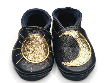 Black Gold Baby Shoes Leather Baby Shoes Sun Baby Moccasin Moon Baby Shoes Soft Sole Baby Booties Kids Shoes Girls Shoes Ebooba 5