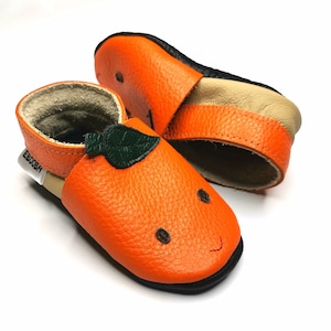 Orange Baby Booties, Tangerine Face Booties, Leather Soft Bottom Shoe, Baby Girls&#39; Shoes, Fruits Slippers, Baby Boys&#39; Shoes, Infant Shoes, 1