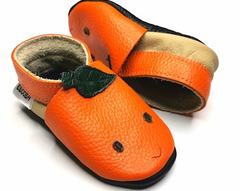 Orange Baby Booties, Tangerine Face Booties, Leather Soft Bottom Shoe, Baby Girls' Shoes, Fruits Slippers, Baby Boys' Shoes, Infant Shoes, 1