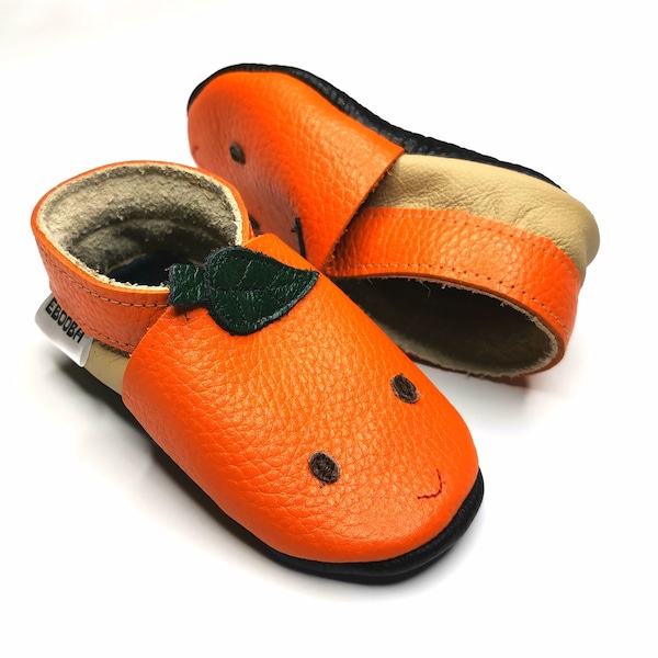 Orange Baby Booties, Tangerine Face Booties, Leather Soft Bottom Shoe, Baby Girls' Shoes, Fruits Slippers, Baby Boys' Shoes, Infant Shoes, 1