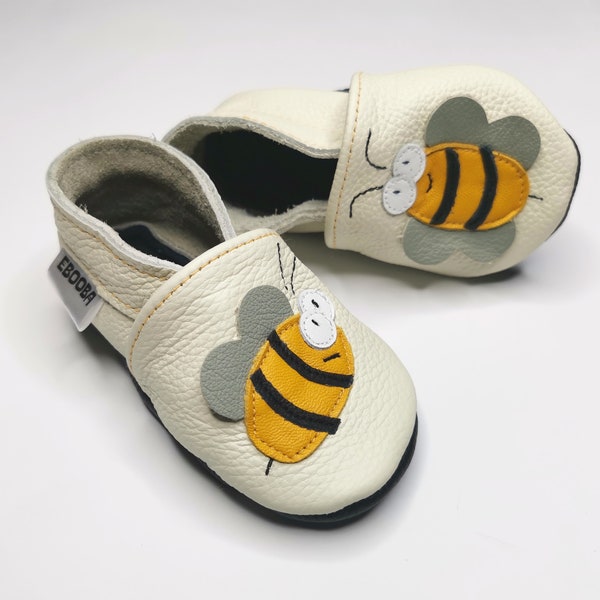 Bee Baby Moccasins, Leather Baby Booties, White Baby Moccs, Ebooba, Soft Sole, Baby Shoes Girl, Baby Slippers, White Baby Slippers, 3