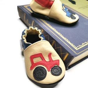 Niebieskie/czerwone traktory dziecięce buty, miękkie podeszwy dziecięce buty, beżowe dziecięce kapcie, skórzane buty niemowlęce, skórzane dziecięce kapcie, chłopięce buty, Ebooba, 9