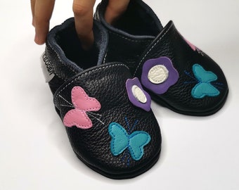 doux des chaussures à semelle de bébé infantile main cadeau papillon rose pantoufles noires 2-3 ans, ebooba  BF-34-G-M-4