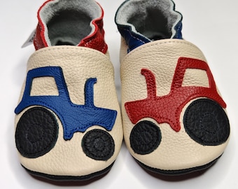 Krabbelschuhe Lederpuschen Lederschuhe 21/22 Olive Auto Traktor Blau 12 18 ebooba