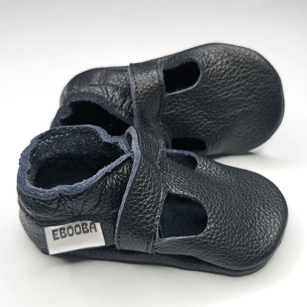 Black Leather Sandals, Ebooba, Baby Shoes, Baby Boy Shoes, Walker Baby Shoes, Baby leather Slippers, Baby soft sole Booties, 4