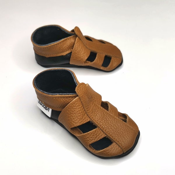 Brown&Black Baby Leather Shoes, Baby Moccasins summer, Ebooba, Brown baby sandals Soft Sole, Crib Baby Shoes, Sandalen Leder, 2