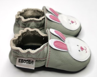 Bunny Baby Shoes, Pink Girl Shoes, First Birthday Shoes, Gray Baby Shoes, Soft Sole Shoes, Kids' Slippers, Baby Leather Booties, Rabbit, 3