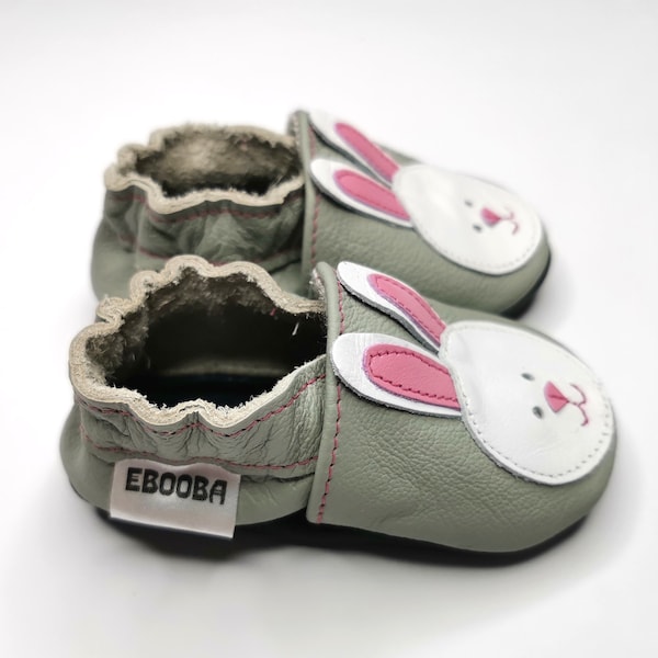 Bunny Baby Shoes, Pink Girl Shoes, First Birthday Shoes, Gray Baby Shoes, Soft Sole Shoes, Kids' Slippers, Baby Leather Booties, Rabbit, 3