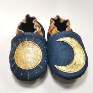 Blue&Gold Baby Shoes, Leather Baby Shoes, Sun Baby Moccasins, Moon Baby Slippers, Soft Sole Baby Shoes, Kids' Shoes, Girls' Shoes, Moccs, 3