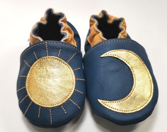 Blue&Gold Baby Shoes, Leather Baby Shoes, Sun Baby Moccasins, Moon Baby Slippers, Soft Sole Baby Shoes, Kids' Shoes, Girls' Shoes, Moccs, 3