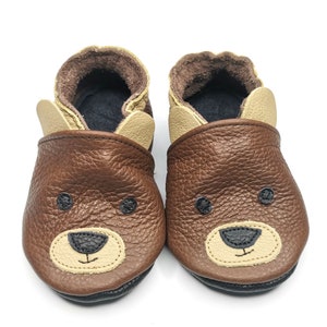 Teddy Bear Slippers, Leather Baby Shoes, Brown Baby Shoes, Baby Moccasins, First Birthday Gift, Unisex Baby Booties, Chaussons cuir bébé, 3