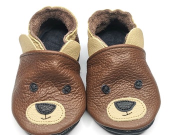 Teddy Bear Slippers, Leather Baby Shoes, Brown Baby Shoes, Baby Moccasins, First Birthday Gift, Unisex Baby Booties, Chaussons cuir bébé, 3