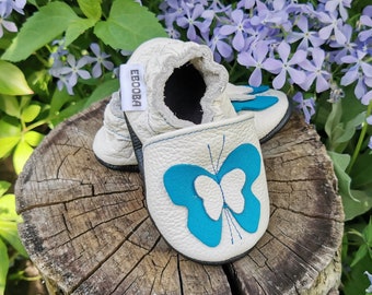 Zachte tong babyschoentjes wit blauwe vlinder  12 18 ebooba 77-3