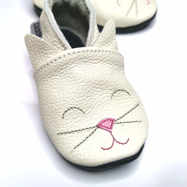 White Kitty Girls Shoes, Cat Baby Slippers, Girls Moccs, Leather Baby Shoes, Panda Slippers, Girls' Shoes, White Baby Booties, Ebooba, 1